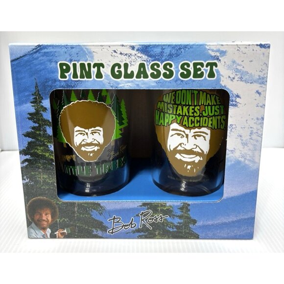 Bob Ross Pint Beer Glass Set 2 x 16oz Painting Happy Trees Art Collectible New - Picture 1 of 8